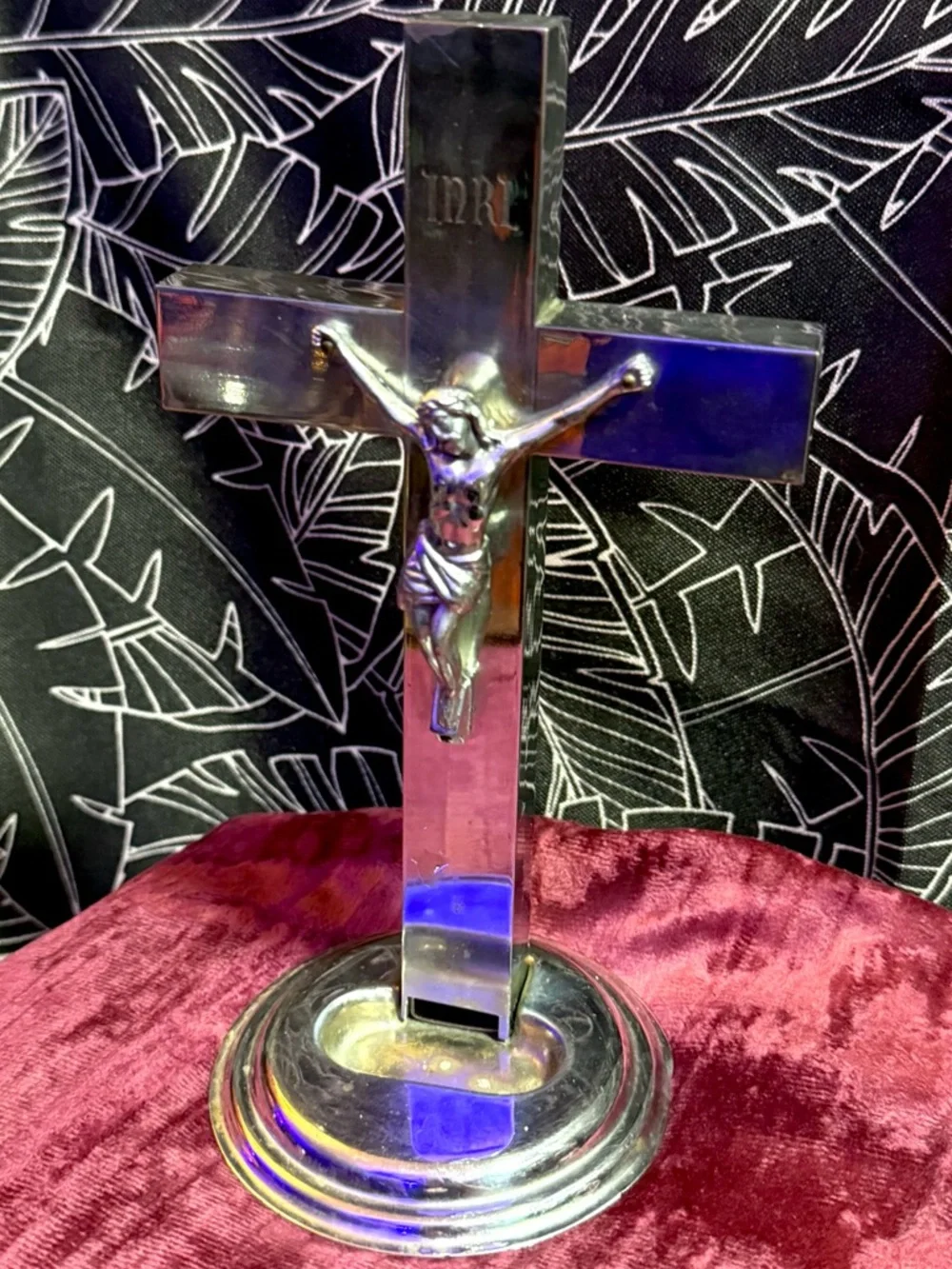Vintage Standing Crucifix Chrome Holy Water Font Religious Decor